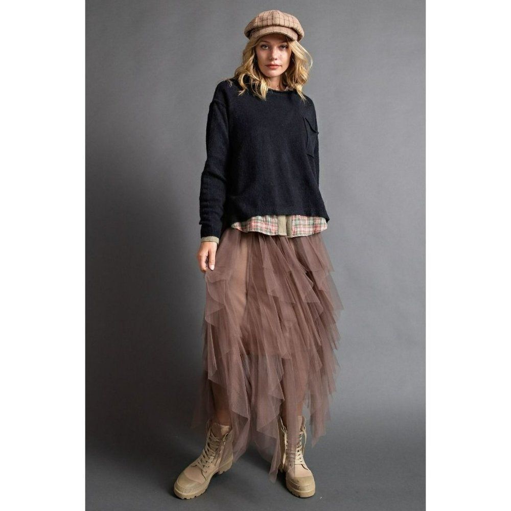 Easel Allover Mesh Ballerina Tulle Princess Maxi Skirt in Olive Grey S-L EB40814 - Picture 6 of 8